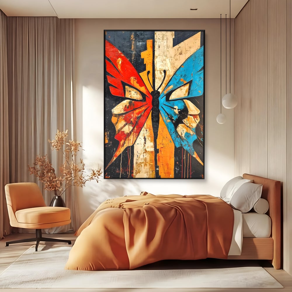 Tablou canvas cu tablou canvas cu fluture stilizat in culori vii, in rama de aluminiu negru, pe perete intr-un dormitor